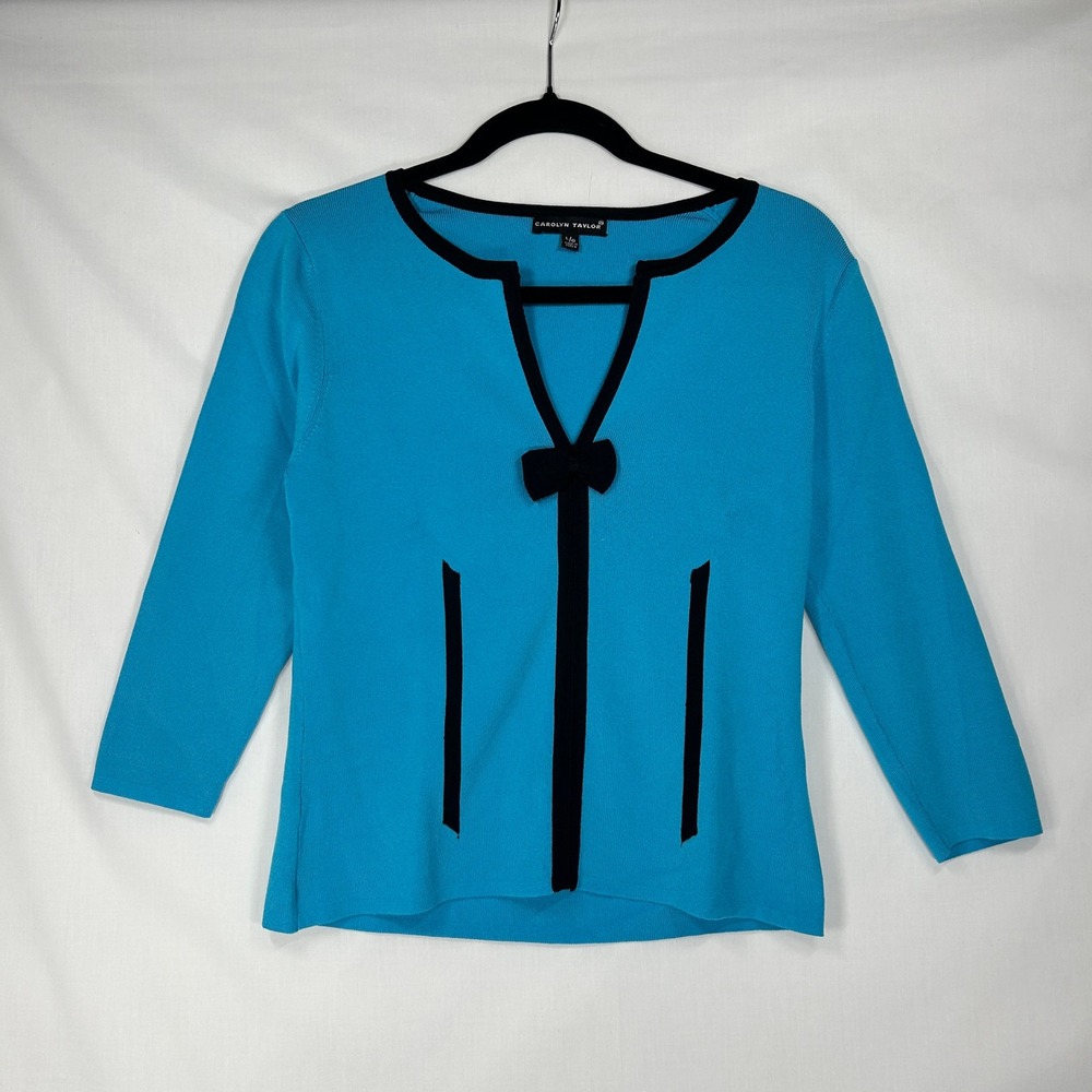 Vintage Carolyn Taylor Turquoise Bow Sweater – Y2K Colorblock Knit Top (L)